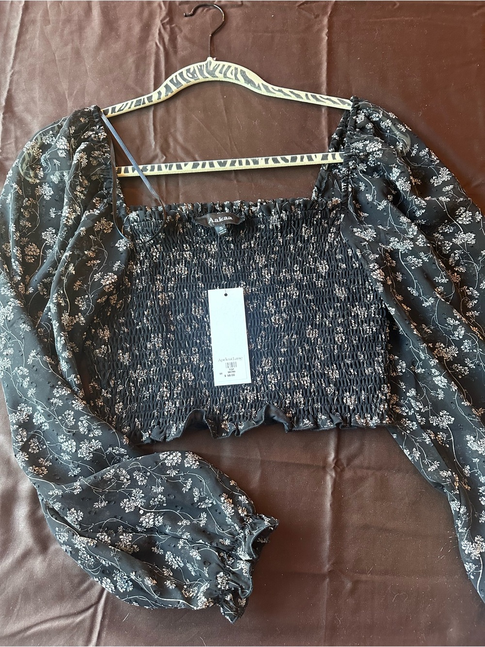 Aakaa Black Floral Smocked Puff-Sleeve Cropped Top with Sheer Sleeves